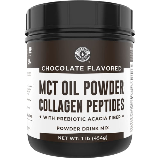Left Coast Performance MCT Oil Powder label close-up, showcasing chocolate flavor for keto coffee creamer.
