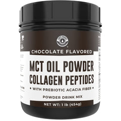 Left Coast Performance MCT Oil Powder label close-up, showcasing chocolate flavor for keto coffee creamer.