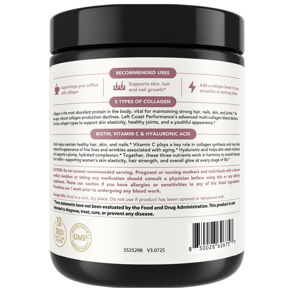 Bulk packaging of Left Coast Performance collagen powder in 16 oz jar