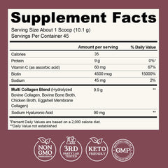 Label of Left Coast Performance multi-collagen powder highlights biotin and vitamin C benefits