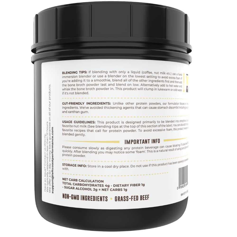 Left Coast Performance vanilla bone broth powder being blended in a blender to reduce foaming.