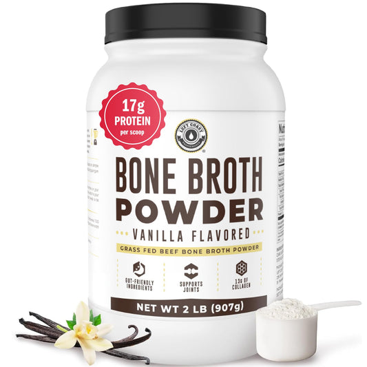 Left Coast Performance vanilla bone broth powder jar shows a dairy-free protein option.
