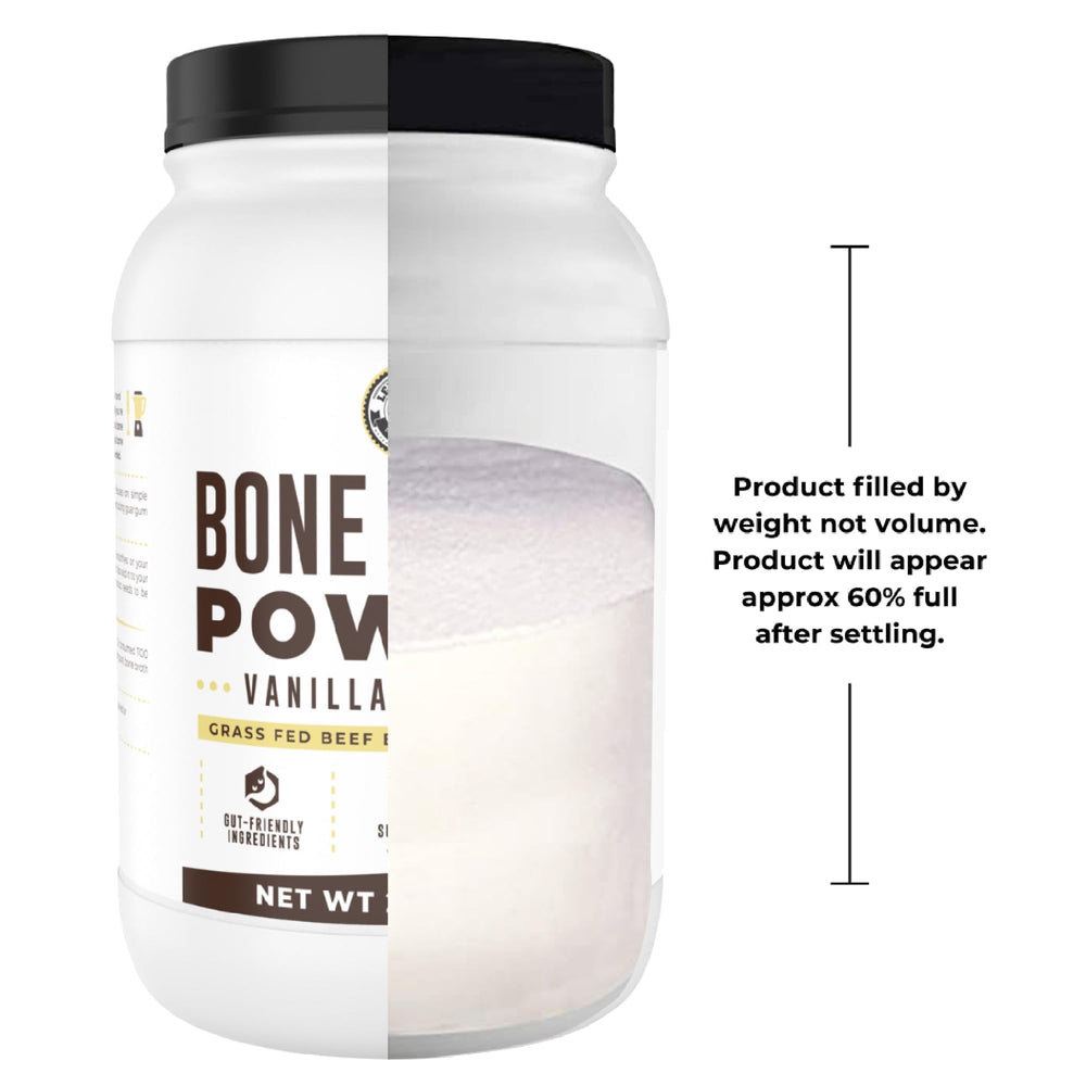Left Coast Performance vanilla bone broth powder being poured into a mug.