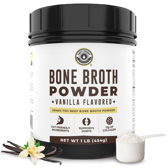 Left Coast Performance vanilla bone broth powder tub, a gut-friendly protein boost.