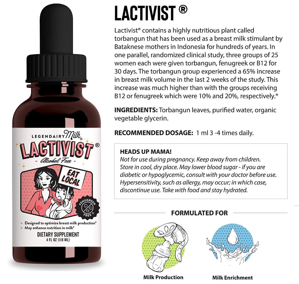 Legendairy Milk Lactivist Drops bottle labeled alcohol-free for gentle daily use.