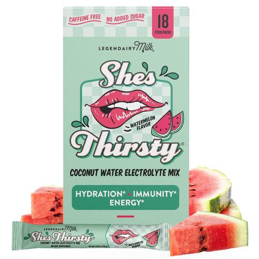 Legendairy Milk She's Thirsty Watermelon hydration packet front, refreshing electrolyte boost.