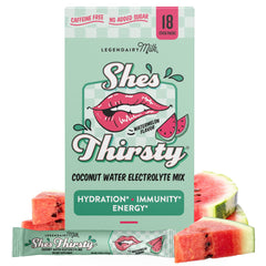 Legendairy Milk She's Thirsty Watermelon hydration packet front, refreshing electrolyte boost.