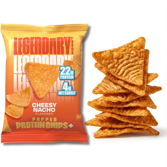 Legendary Foods Cheesy Nacho Protein Chips bag shot highlights a high-protein on-the-go snack.