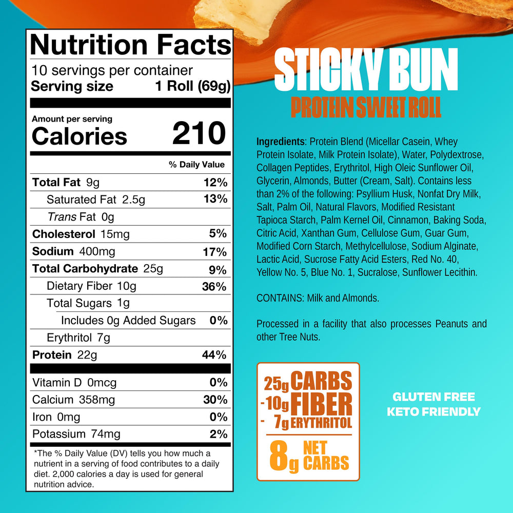 Legendary Foods Cinnamon Roll 22g bar nutrition facts shown, gluten-free and keto-friendly.