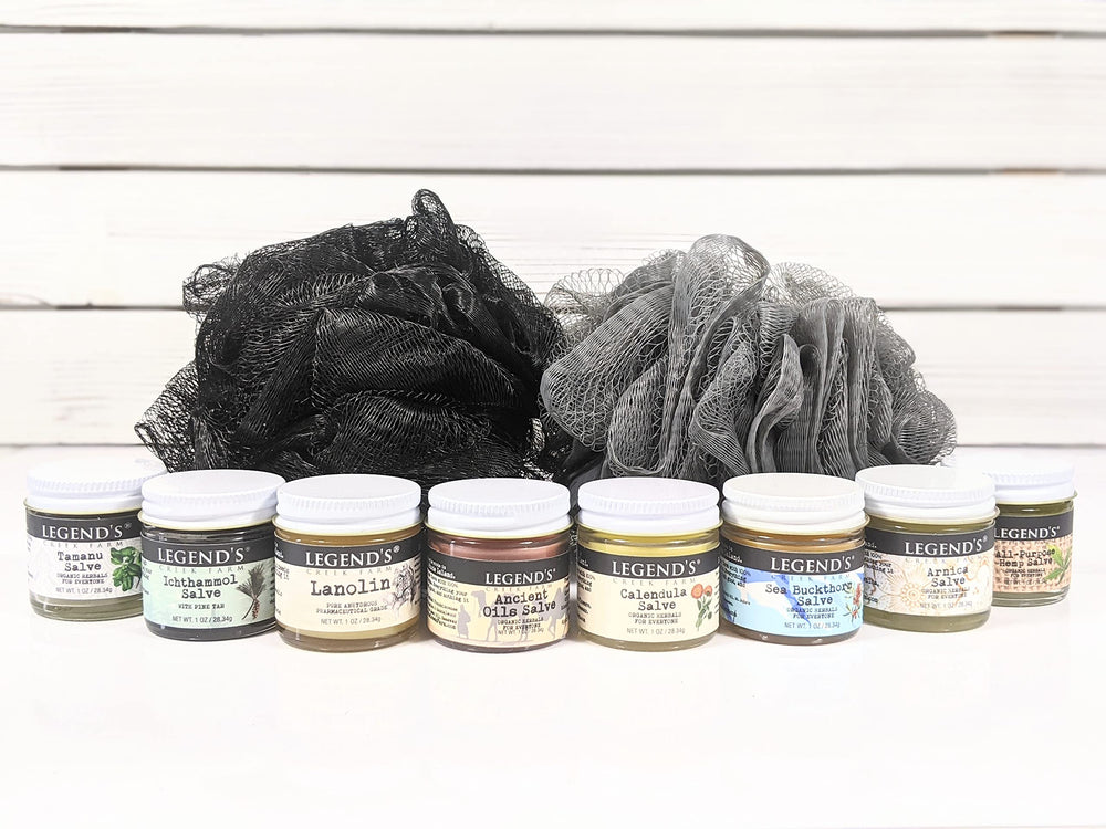 Legend's Creek All-Purpose Hemp salve jar supports dry skin relief.