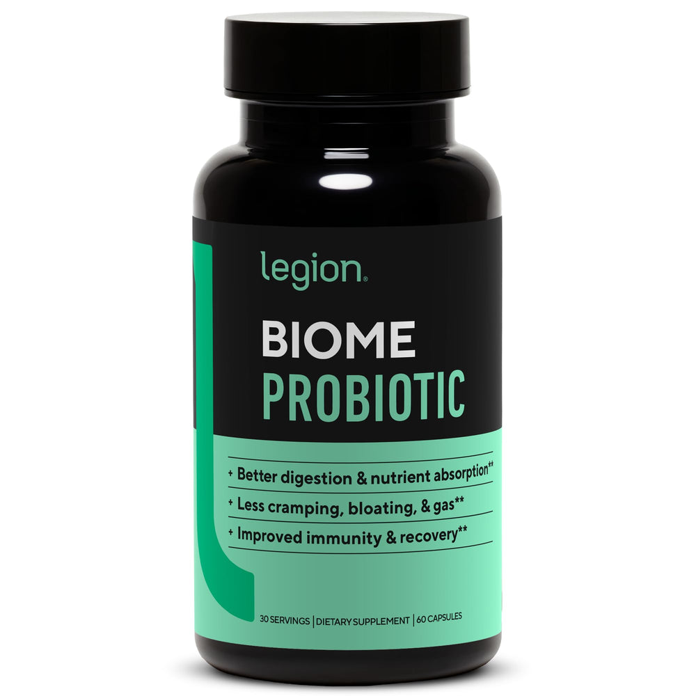 LEGION Biome Probiotic bottle pour supports daily gut health