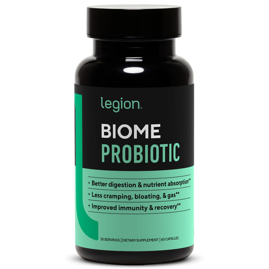 LEGION Biome Probiotic bottle pour supports daily gut health