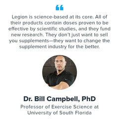 LEGION Biome Probiotic measuring cup beside bottle supports consistent dosing