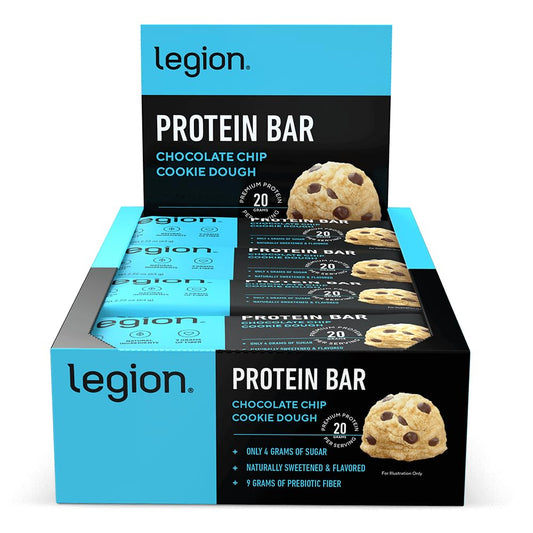 Legion Chocolate Chip Cookie Dough Bar pack shot highlighting protein for workouts