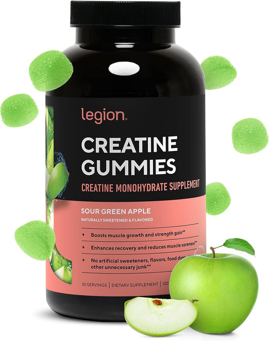 LEGION Creatine Monohydrate Gummies bottle and glass for easy daily use.