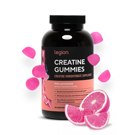LEGION Creatine Monohydrate Gummies pink lemonade bottle for convenient daily endurance.