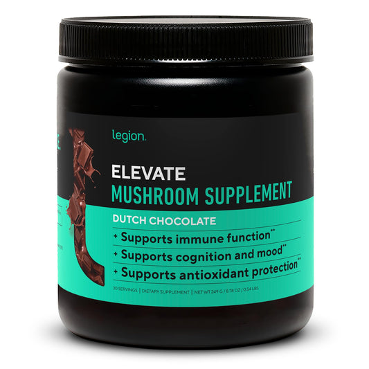 LEGION Elevate bottle of mushroom powder labeled Dutch Chocolate for daily support