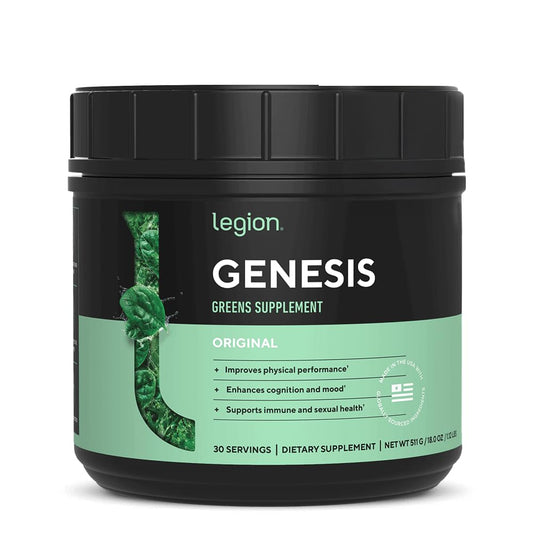 LEGION Genesis Greens bottle on counter for daily energy and nutrition.