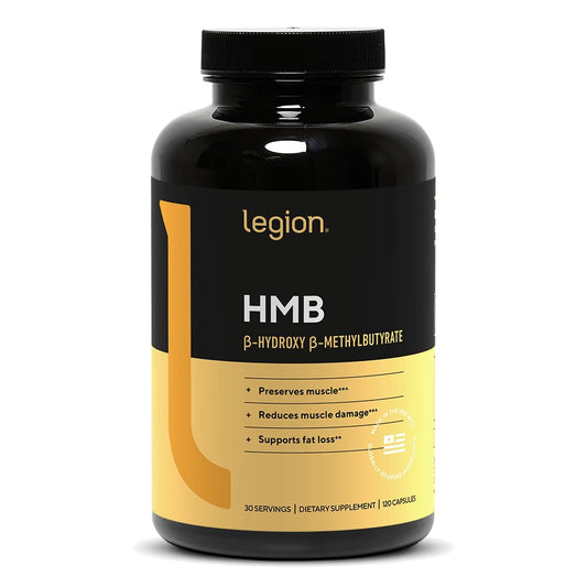 LEGION HMB 3000mg capsules in bottle showing precise daily dosing for athletes