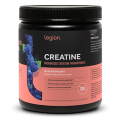 LEGION Micronized Creatine Monohydrate powder in blue raspberry ready to mix