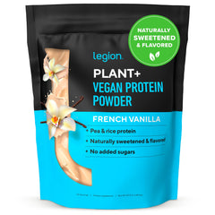 LEGION Plant+ Vanilla Protein Powder bag highlighting clean vegan formula.