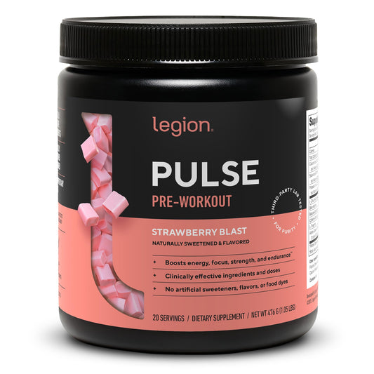 LEGION Pulse bottle front with Strawberry Blast flavor for pre-workout energy.