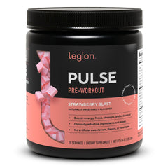 LEGION Pulse bottle front with Strawberry Blast flavor for pre-workout energy.