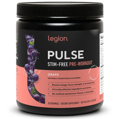 LEGION Pulse bottle front showing caffeine-free pre workout for clean energy