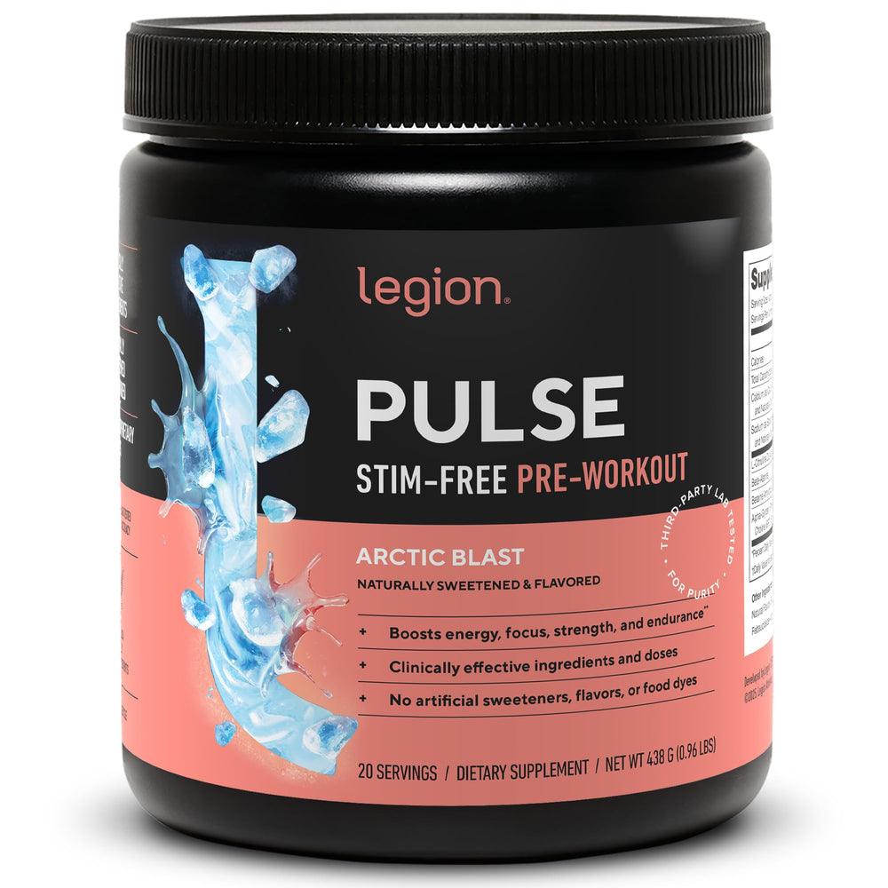 LEGION Pulse bottle front view showcasing caffeine-free energy support.