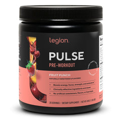 LEGION Pulse bottle front shows fruit punch flavor for clean energy before workouts