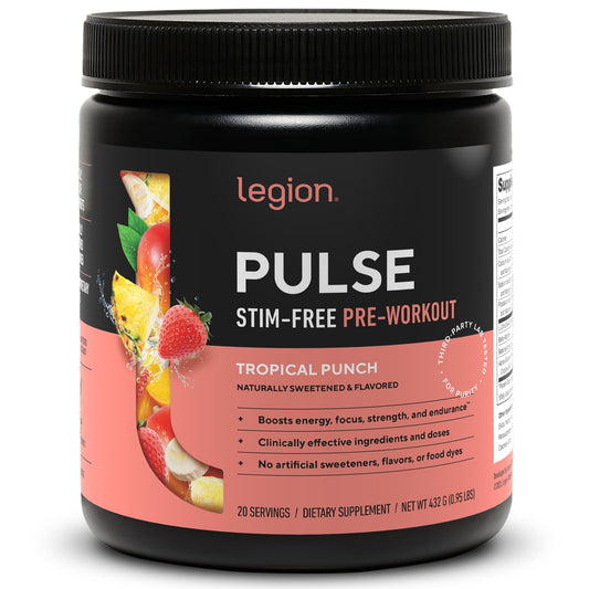 LEGION Pulse bottle pour demonstrates clean, stimulant-free energy for workouts.