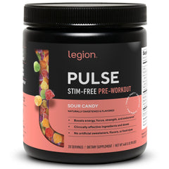 LEGION Pulse front label shows a caffeine-free pre-workout option for clean energy.