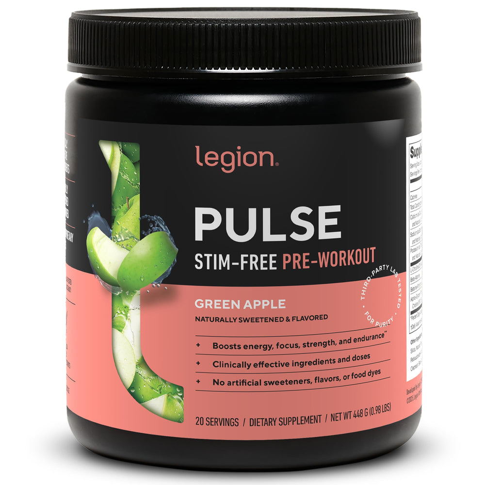 LEGION Pulse pre-workout bottle shows a stimulant-free option for steady workout energy.