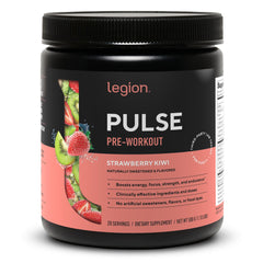 LEGION Pulse pre-workout tub with strawberry kiwi flavor for sustained energy.