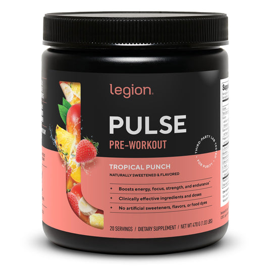 LEGION Pulse Pre Workout Tropical Punch bottle ready for an energizing gym session