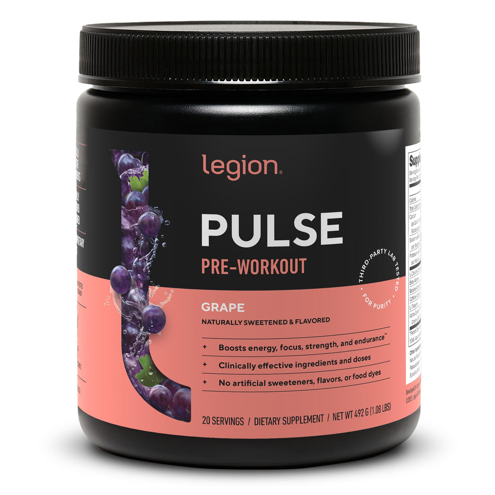 LEGION Pulse Pre Workout grape tub with clean label, offering natural energy for workouts.