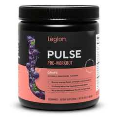 LEGION Pulse Pre Workout grape tub with clean label, offering natural energy for workouts.