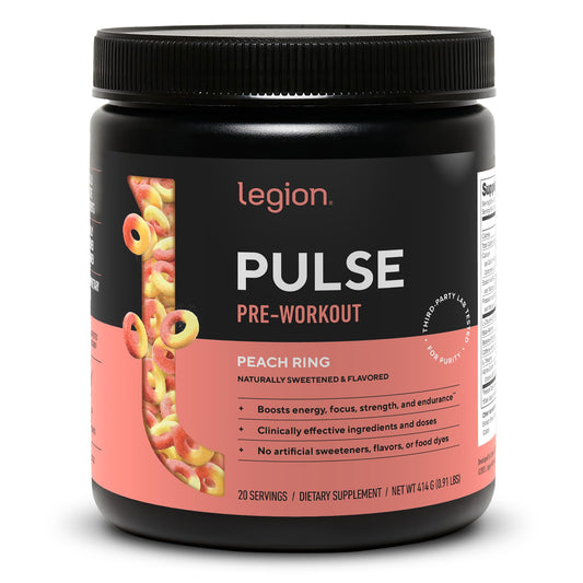 Legion Pulse Peach powder in tub showing naturally sweetened flavor for clean energy.