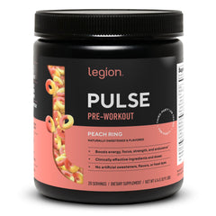 Legion Pulse Peach powder in tub showing naturally sweetened flavor for clean energy.