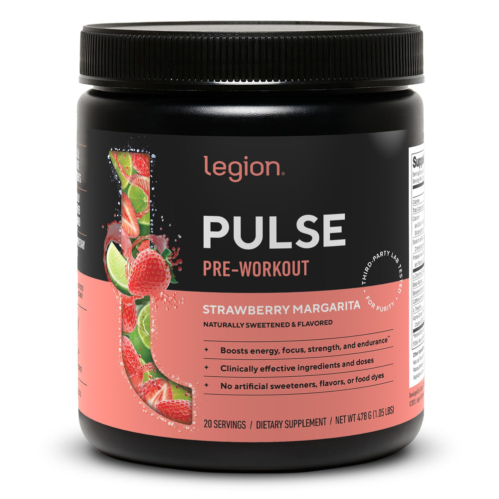 LEGION Pulse pre-workout strawberry margarita bottle ready for your workout boost and clean focus.