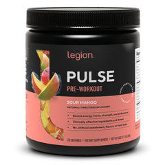 LEGION Pulse pre workout tub front view highlighting clean energy support