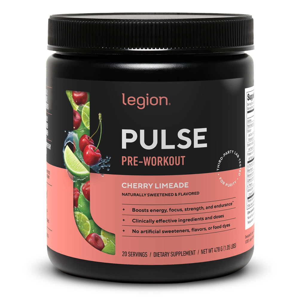 LEGION Pulse preworkout tub label clearly lists ingredients for transparency.