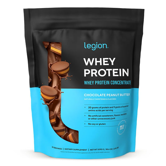 LEGION Whey Protein Powder chocolate peanut butter bottle for post-workout fueling