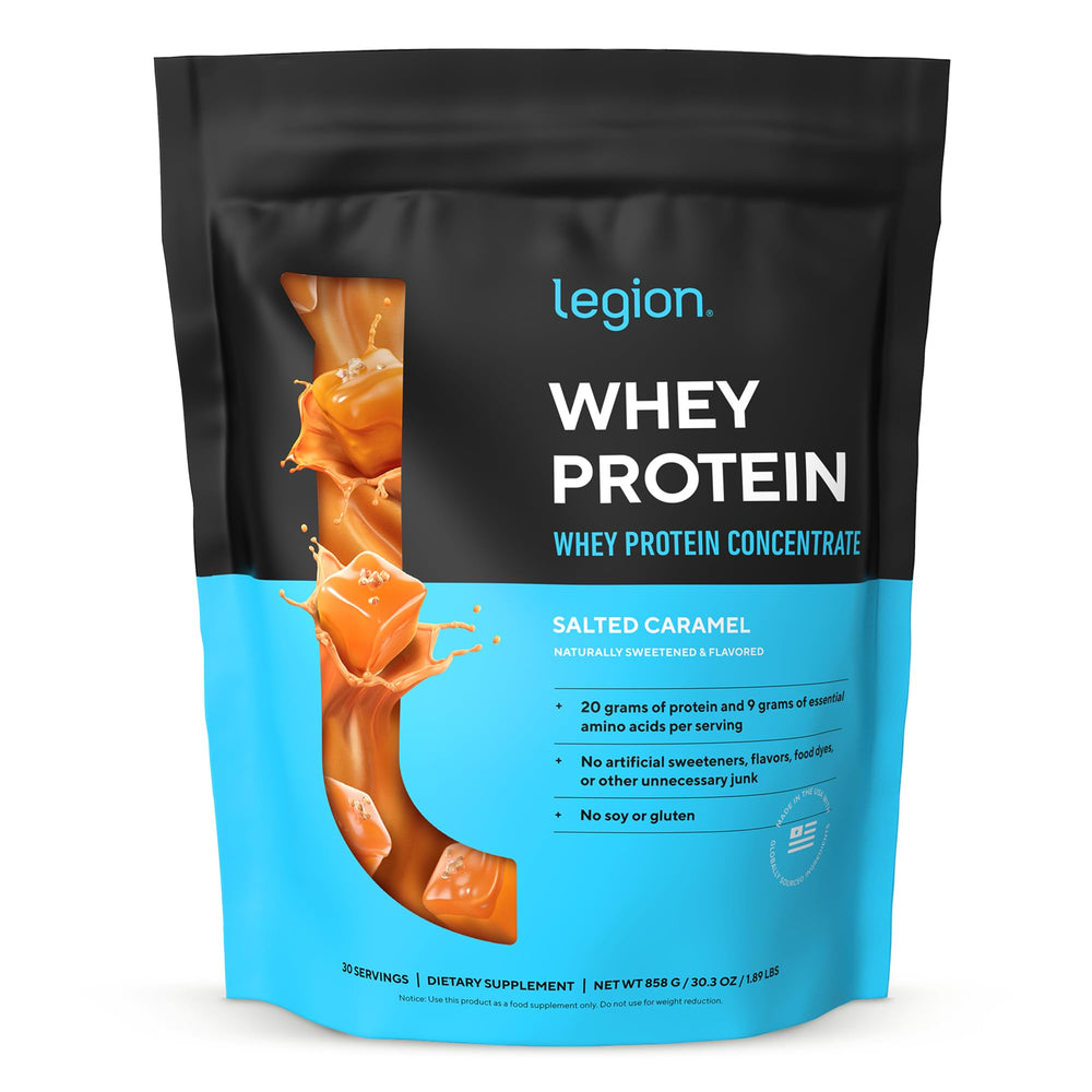 LEGION whey protein salted caramel tub, premium post-workout nutrition.