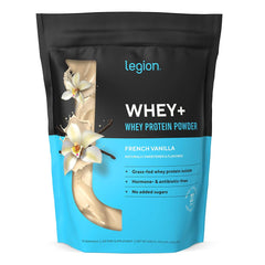 LEGION Whey+ French Vanilla bottle shows a clean, high-protein shake option