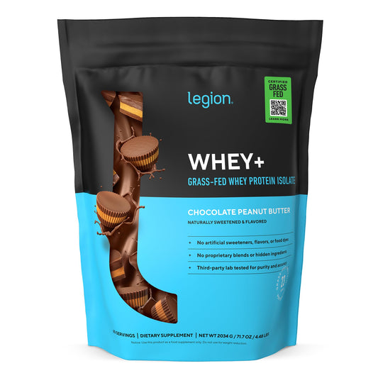 LEGION Whey+ protein powder tub in chocolate peanut butter flavor and label