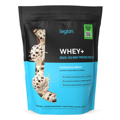 LEGION Whey+ Cookies & Cream tub with clear label for clean protein intake