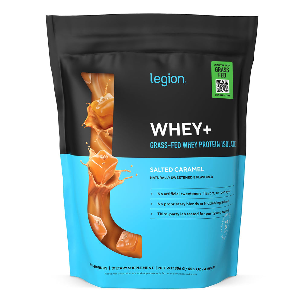 Legion Whey+ salted caramel powder for creamy shakes and digestion