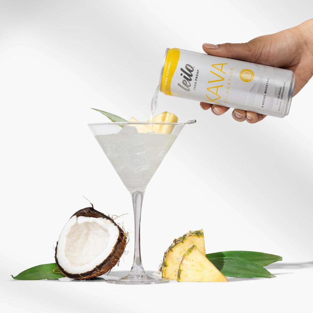 Leilo Kava Pina Colada can back view highlighting non-alcoholic label