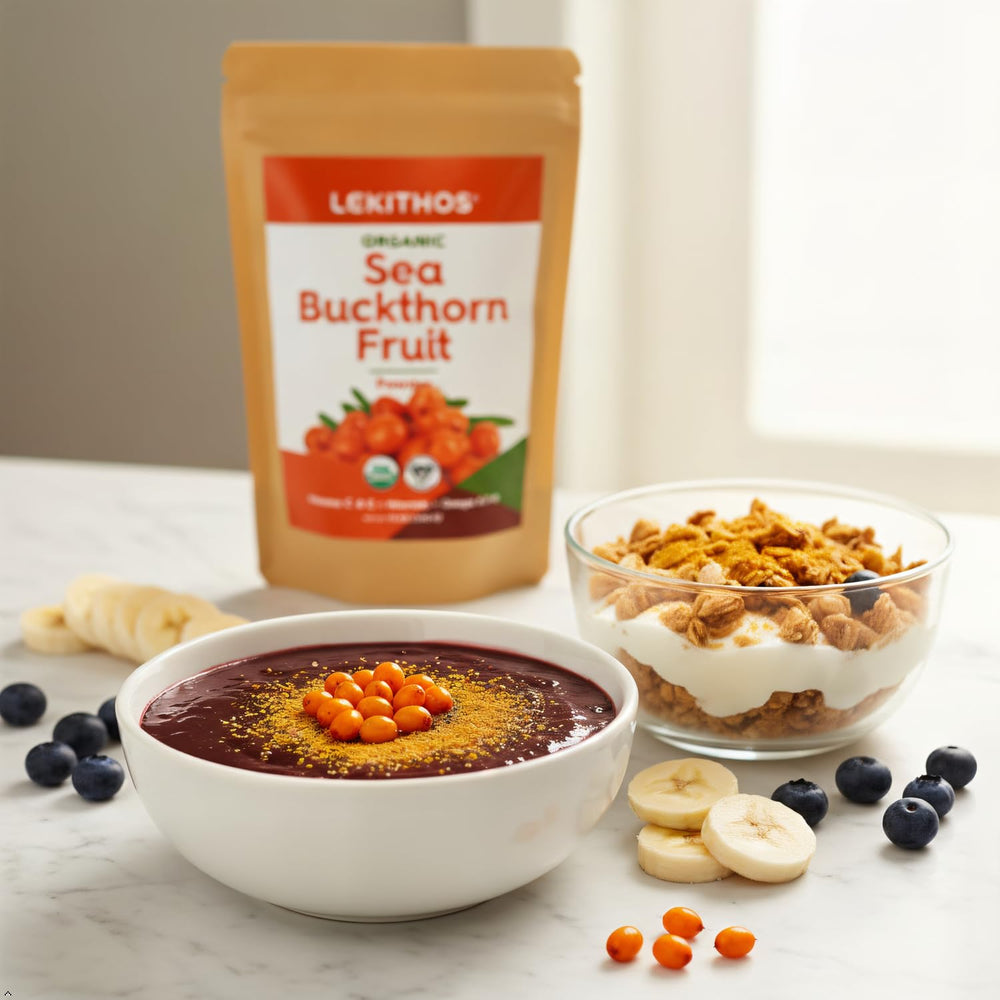 Lekithos Sea Buckthorn Powder in a bowl ready for breakfast bowls